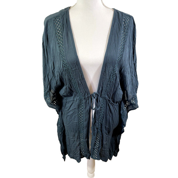 Elan Blue Tie Front Crochet Kimono Sleeve Beach Cover Up Sz L - Picture 1 of 7